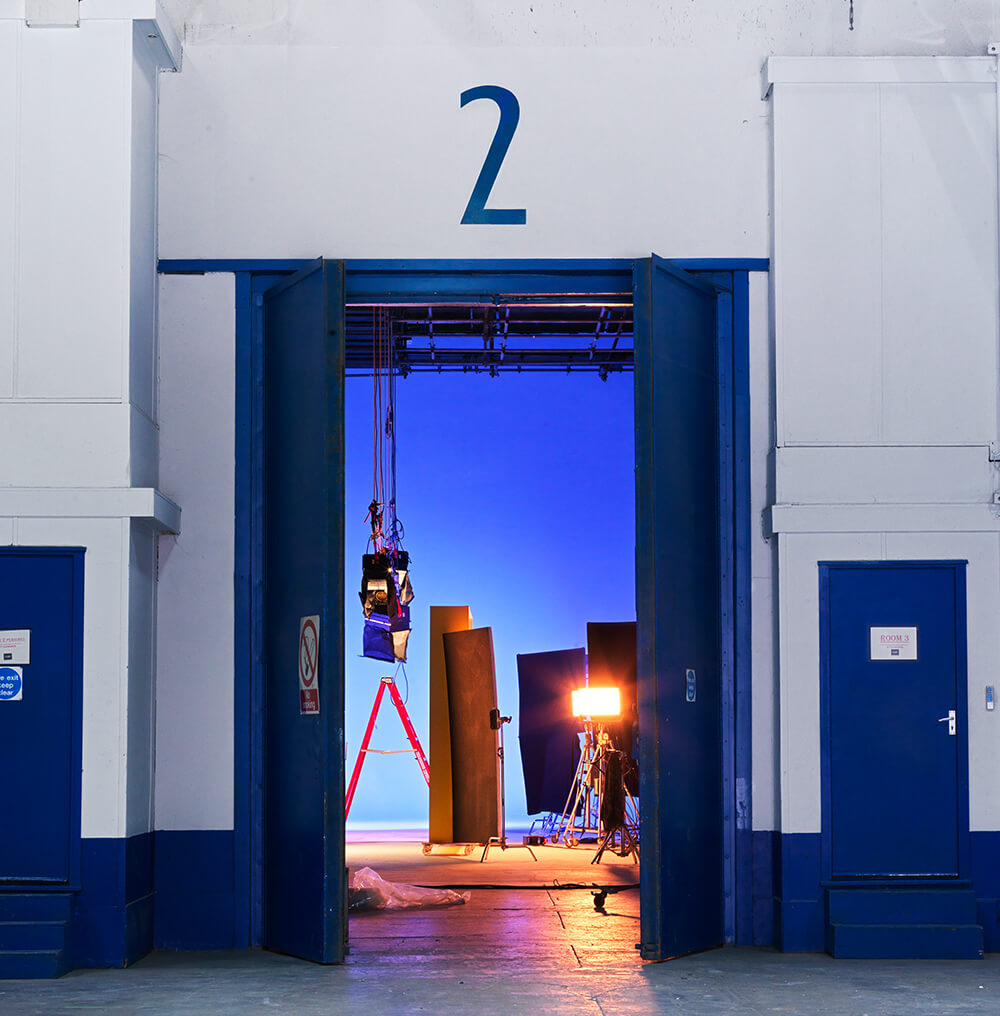 Elephant door to Island Studios stage 2 with lighting gear inside