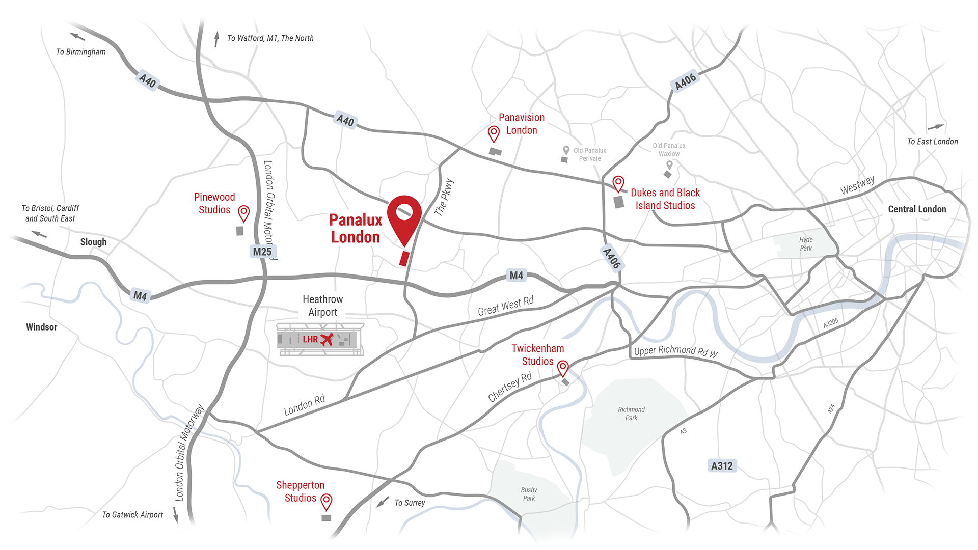 Pin identifying location of Panalux within a map the surrounding Hayes London area.